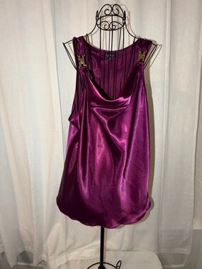 Nicole miller Cowl Neck formal satinTop with Gold Hardware - Plum XL